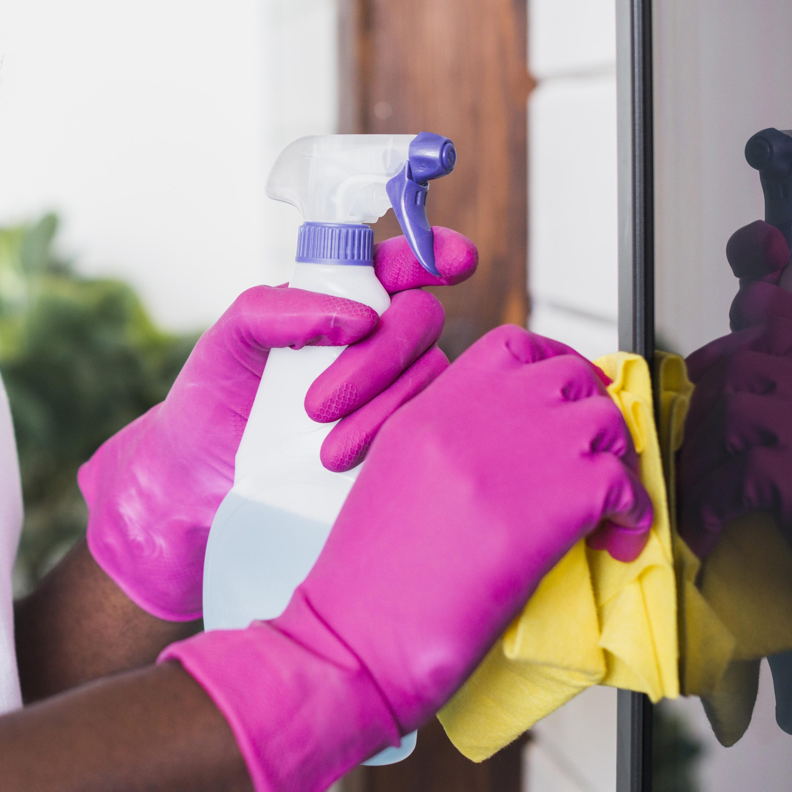 close up hands holding cleaning supplies